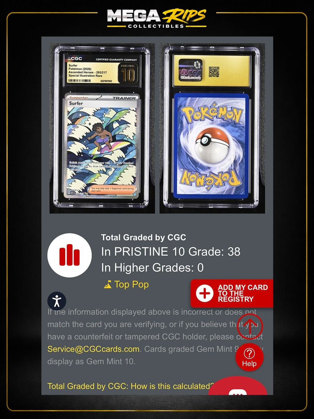 Surfer 293/217 CGC Pristine 10 Ascended Heroes SIR POP 38 Pokémon